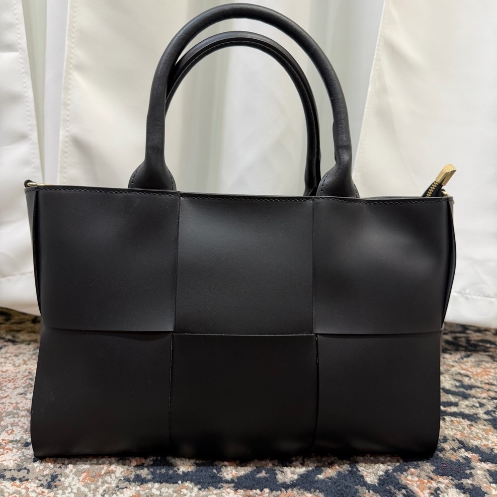 Valentina Fiore Black Smooth Italian Leather Woven Top Handle Satchel Bag - Picture 6 of 16
